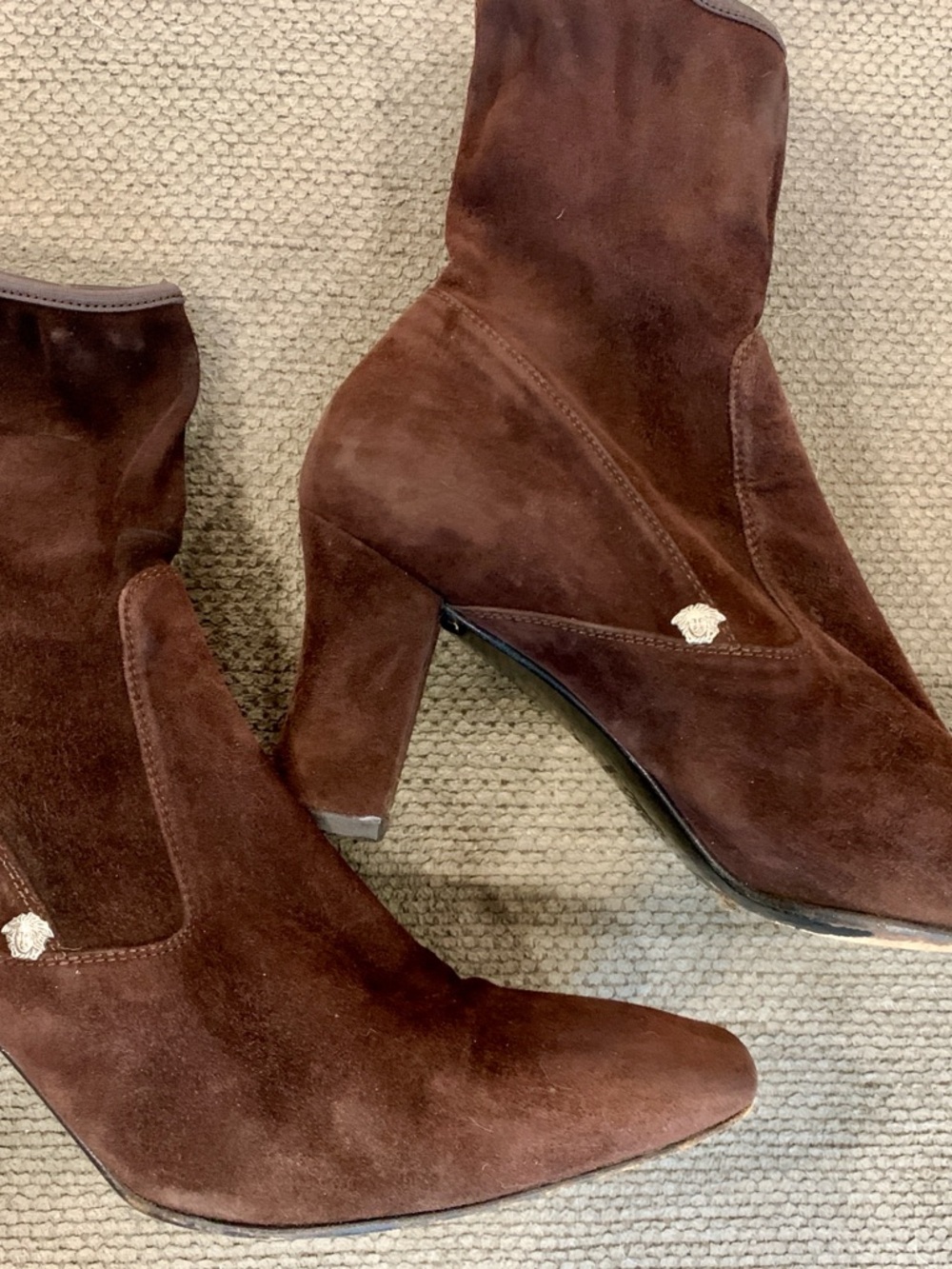 Versace Dark Brown Suede Stretch Ankle, Heeled Boots - Picture 3 of 7